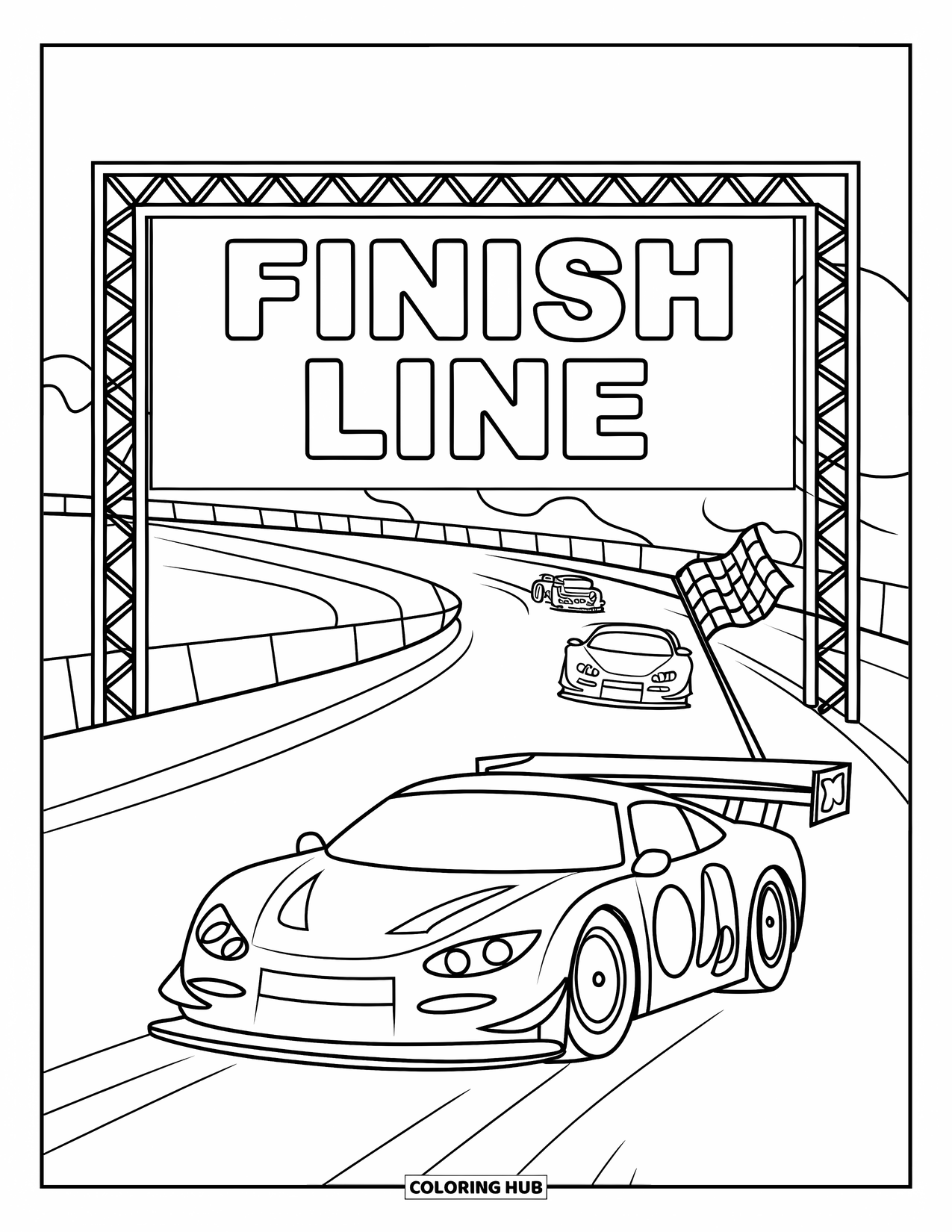 Raceauto Kleurplaat voor Kinderen: Een raceauto passeert de finishlijn met een vlag op de bumper en andere auto's erachter