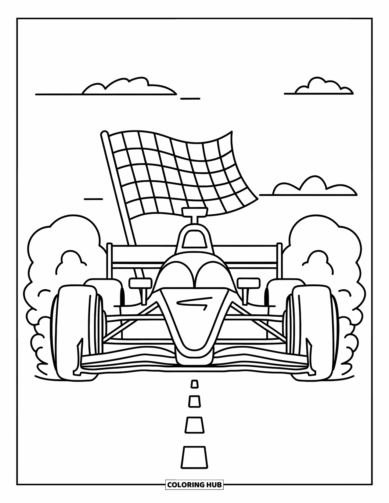 Raceauto Kleurplaat voor Kinderen: Een raceauto rijdt op een gestippelde weg met rookwolken en een geblokte vlag erachter