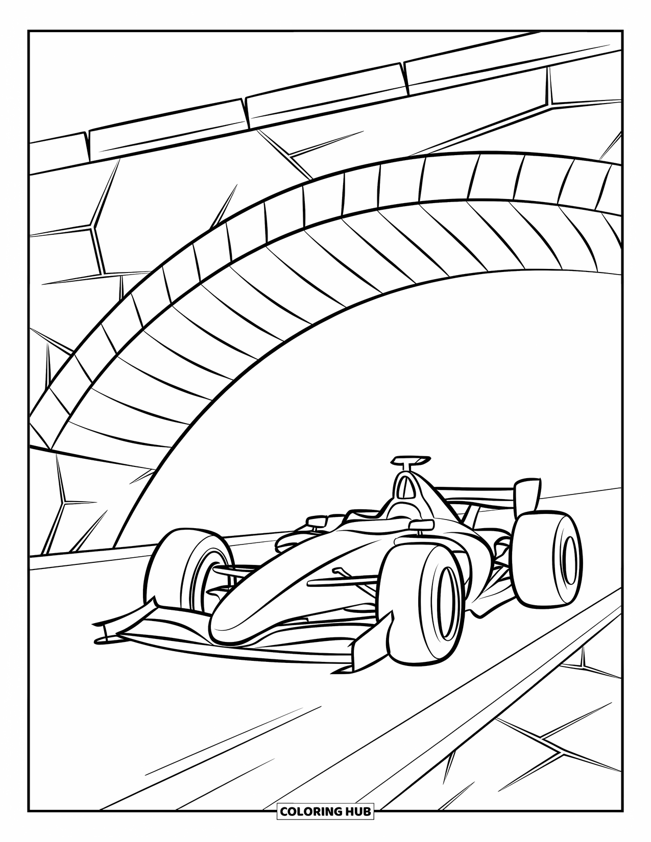 Raceauto Kleurplaat voor Kinderen: Een raceauto rijdt onder een gestreepte stenen brug met scheuren op een vlak circuit
