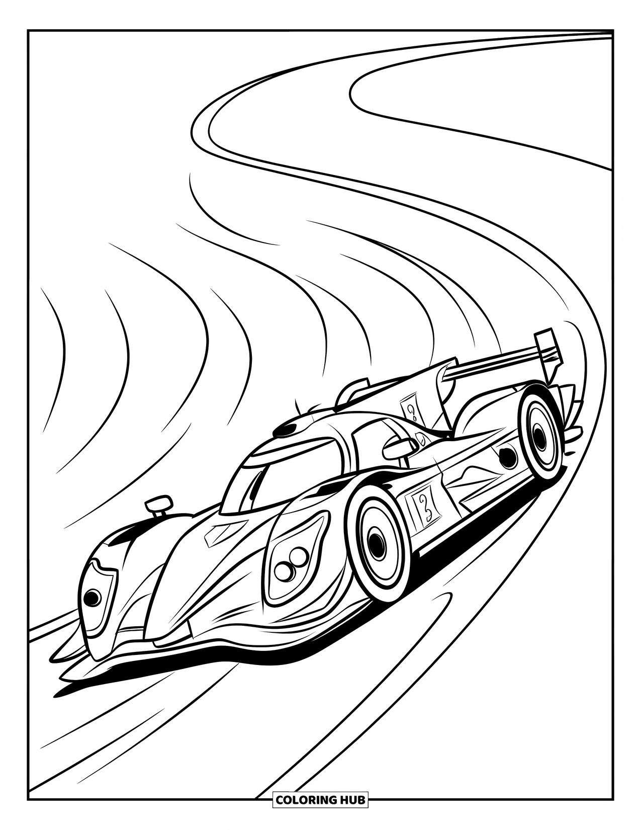 Kleurplaat raceauto voor kinderen: Een raceauto gaat over een zachte helling met wervelende bewegingslijnen erachter