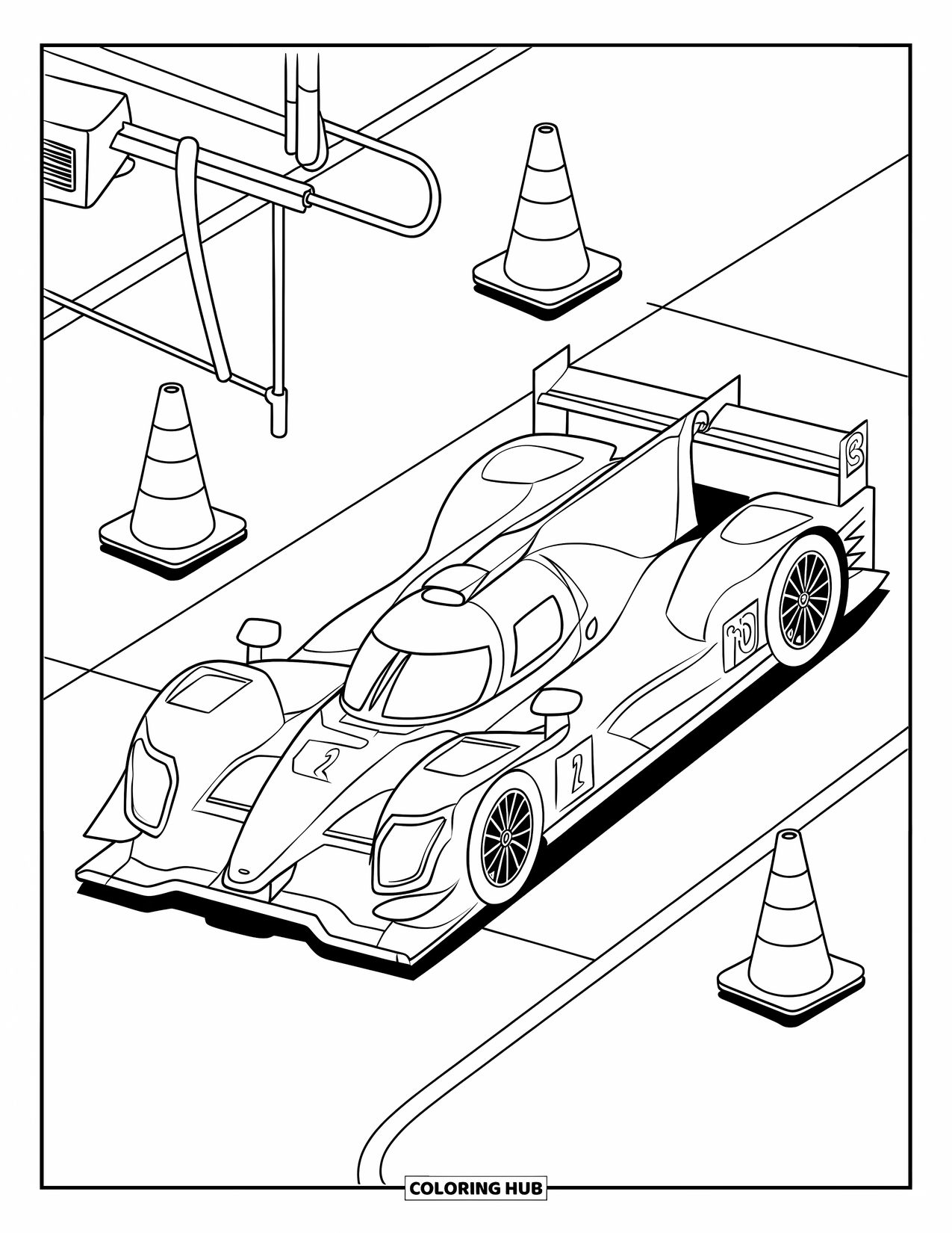 Raceauto Kleurplaat voor Kinderen: Een raceauto staat geparkeerd in een pitstopgebied met kegels en gereedschap in de buurt