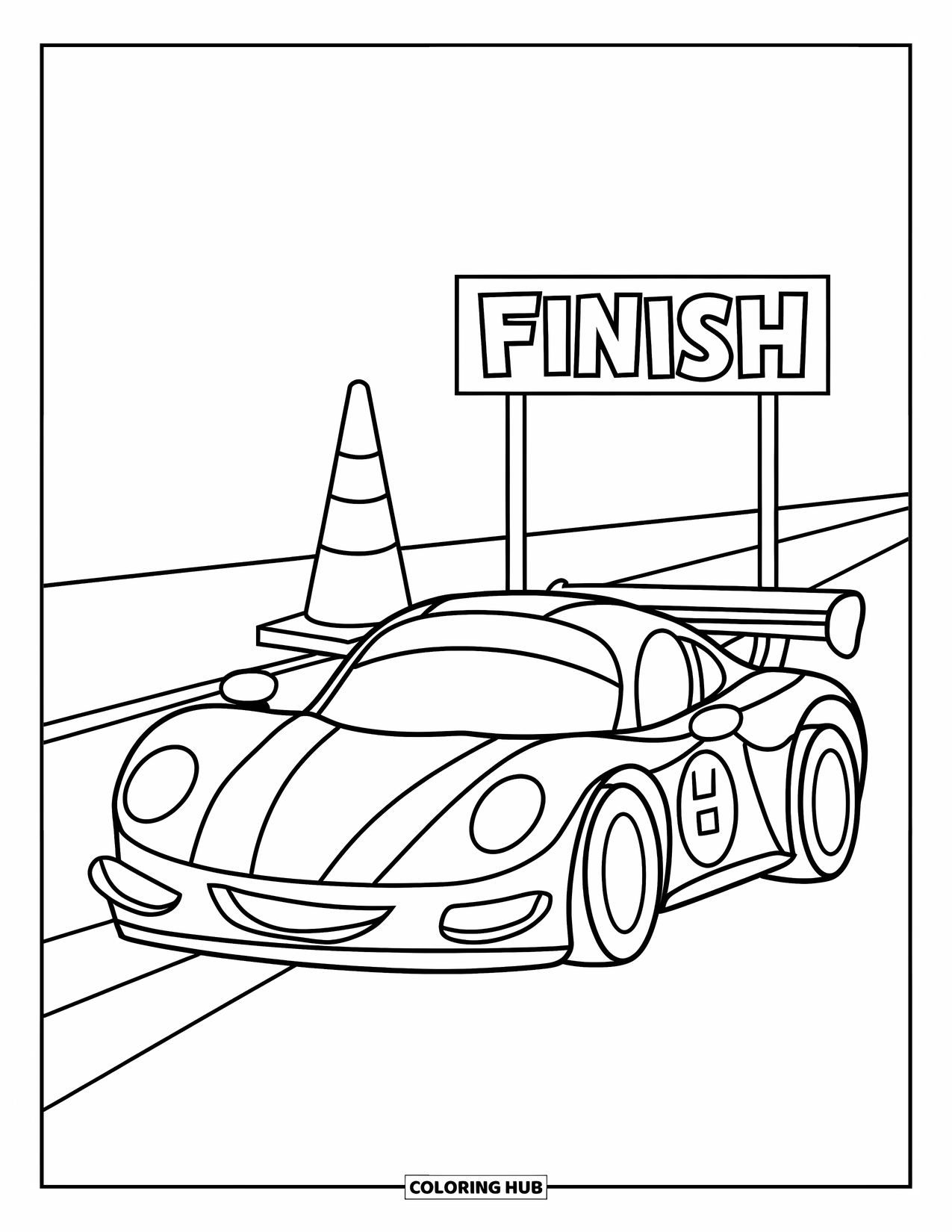 Raceauto Kleurplaat voor Kinderen: Een raceauto staat geparkeerd in de buurt van een verkeerskegel en een finishvlag