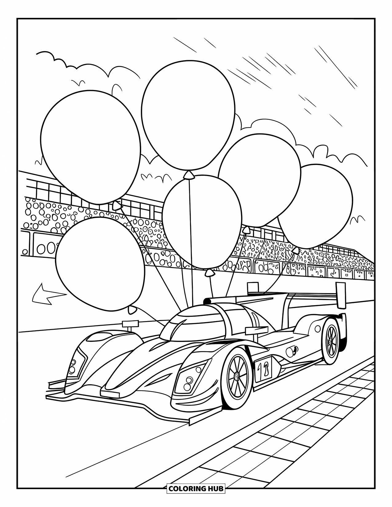 Raceauto Kleurplaat voor Kinderen: Een raceauto staat geparkeerd op een circuit met ballonnen erboven en menigten erachter