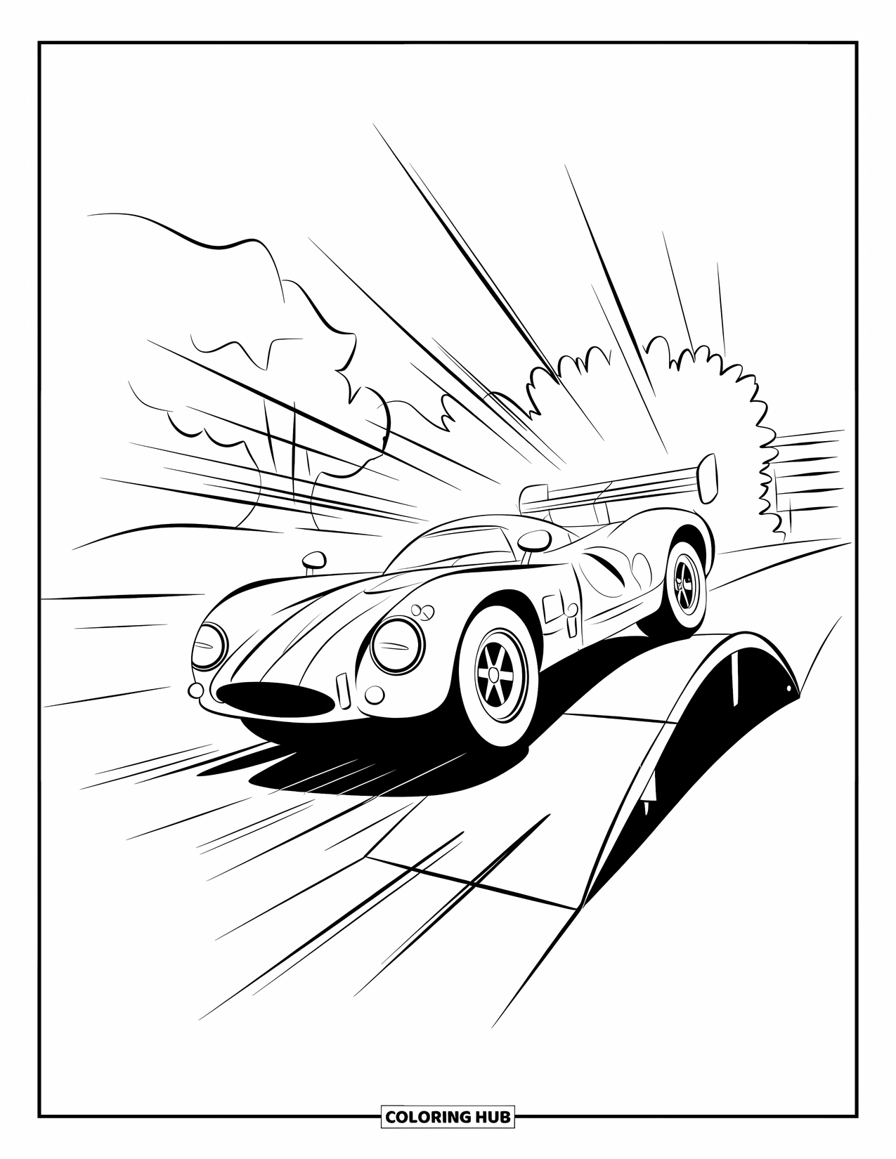 Raceauto Kleurplaat voor Kinderen: Een raceauto springt van een helling met bewegingslijnen, bomen en een gebouw in de buurt