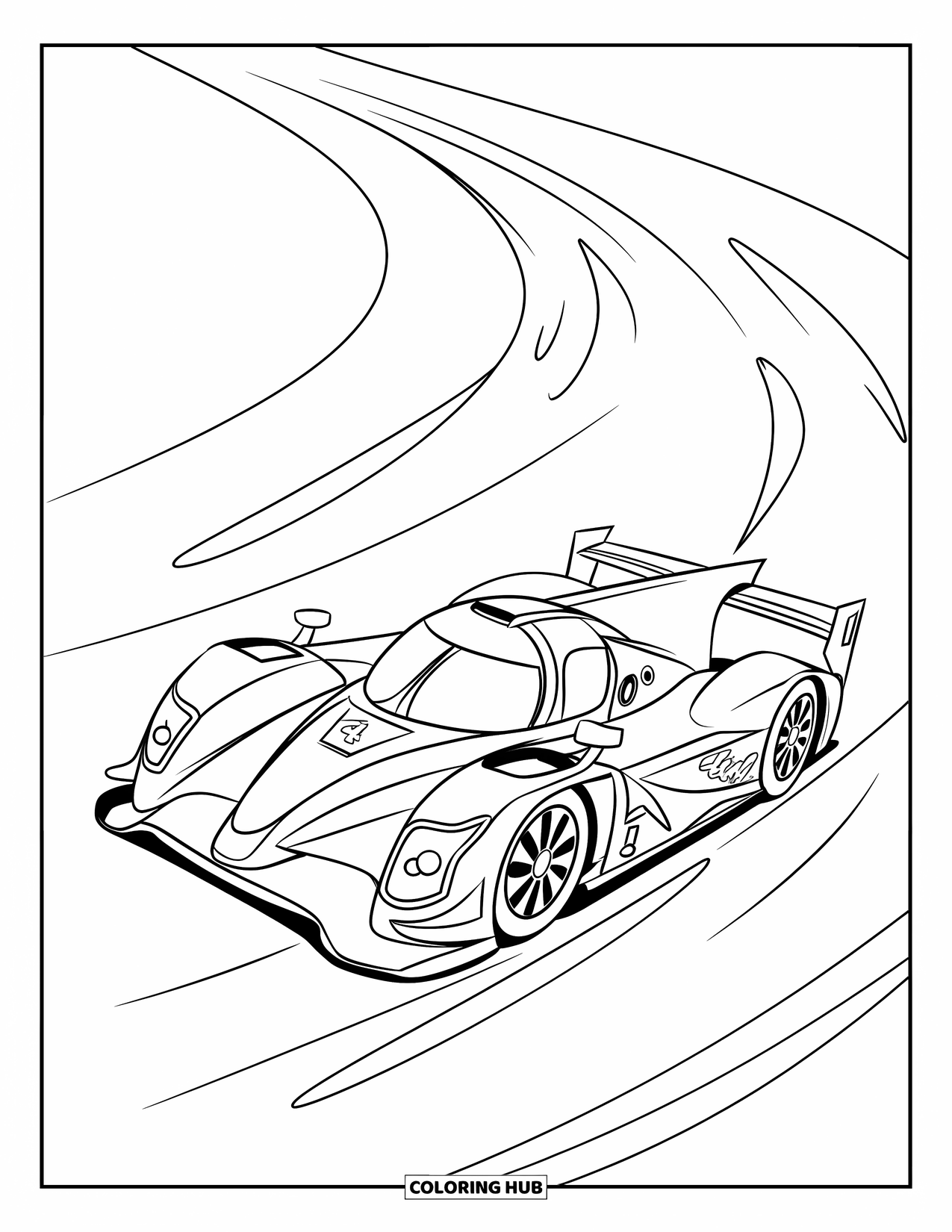 Kleurplaat raceauto voor kinderen: Een raceauto springt zachtjes over een helling met wervelende bewegingslijnen erachter