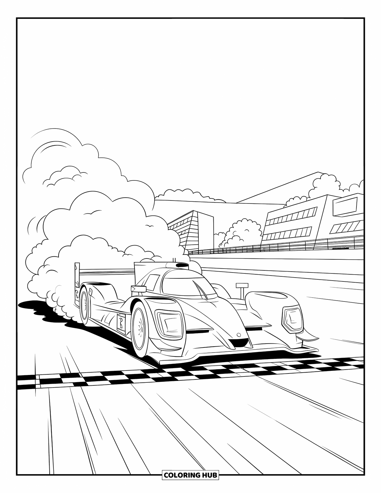 Raceauto Kleurplaat voor Kinderen: Een raceauto lanceert vanaf de startlijn met rook en gebouwen in de verte