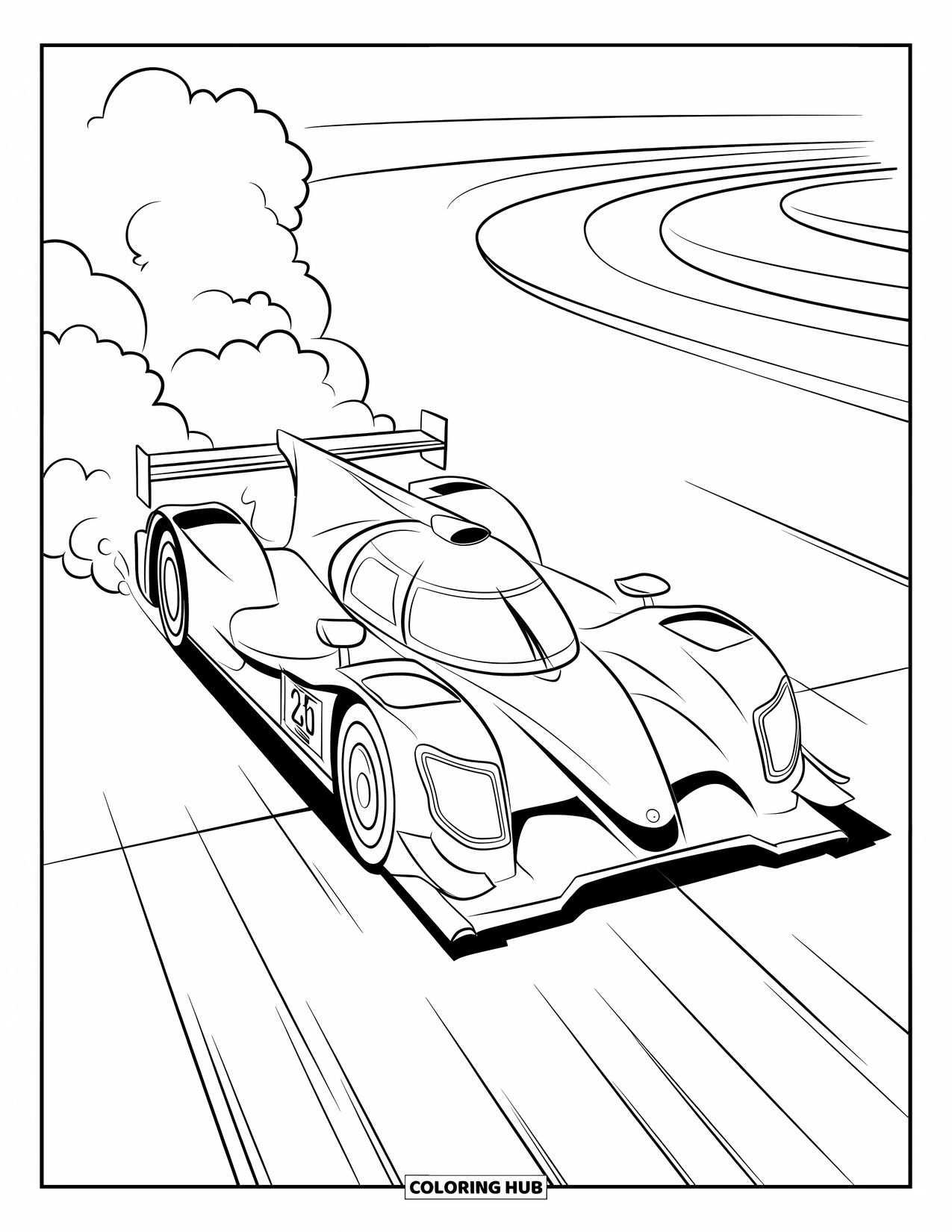 Raceauto Kleurplaat voor Kinderen: Een raceauto lanceert vanaf de startlijn met rookwolken die erachter wervelen