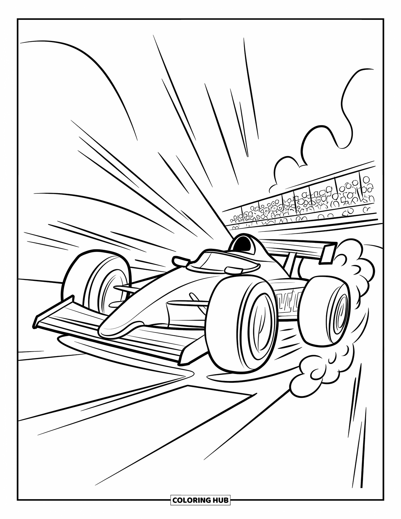 Raceauto Kleurplaat voor Kinderen: Een raceauto springt van een helling met spinnende banden, rook en juichende toeschouwers