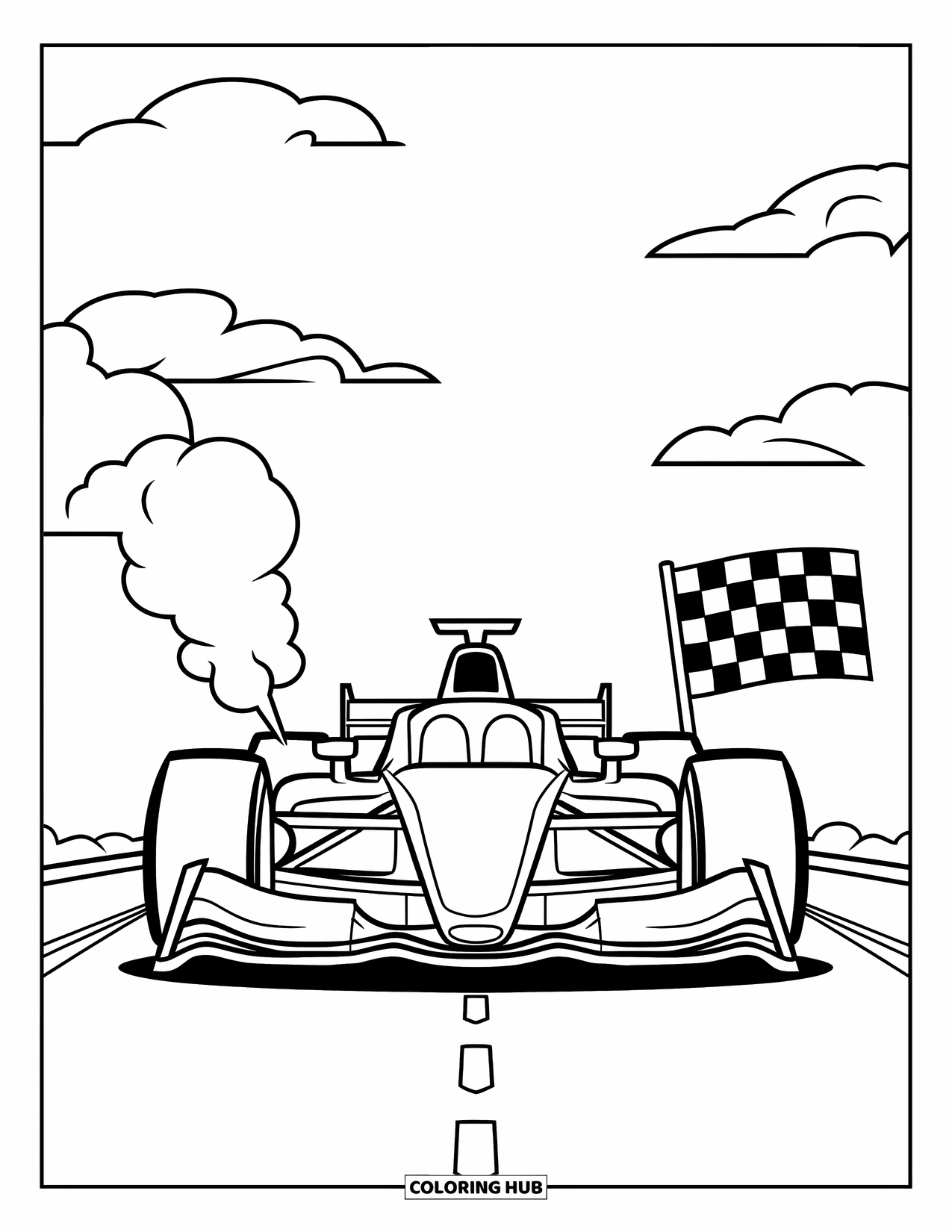 Raceauto Kleurplaat voor Kinderen: Een raceauto beweegt over een gestippelde weg met rookwolken en pluizige wolken erboven