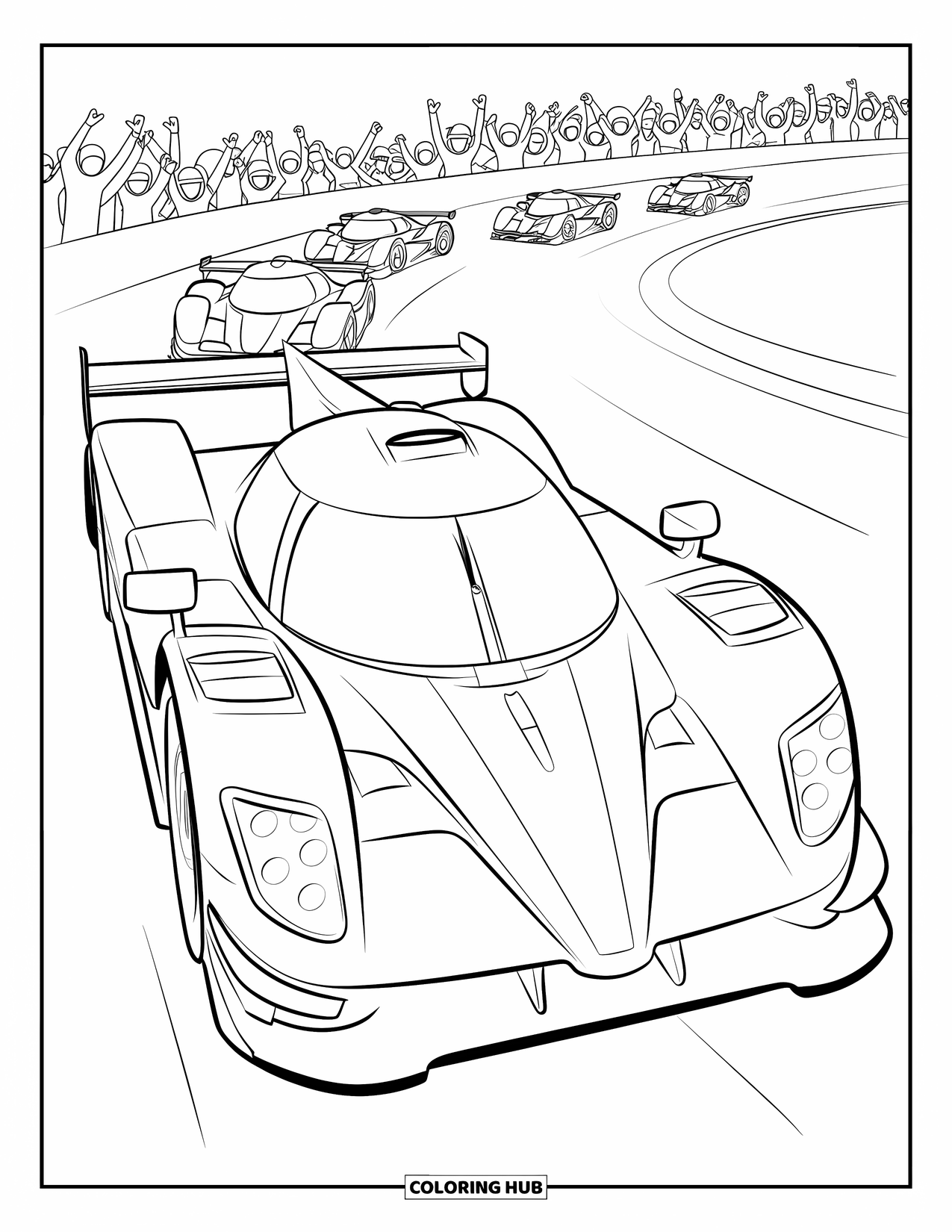 Raceauto Kleurplaat voor Kinderen: Een raceauto racet op een circuit met andere auto's en juichende menigten op de achtergrond