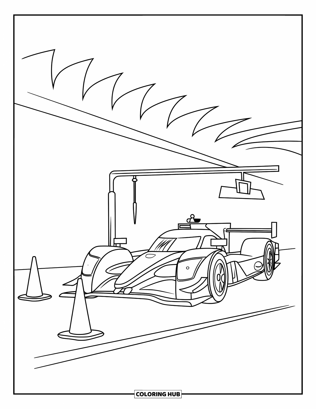 Kleurplaat raceauto voor kinderen: Een raceauto staat in de pitstraat met kegels en gereedschap eromheen