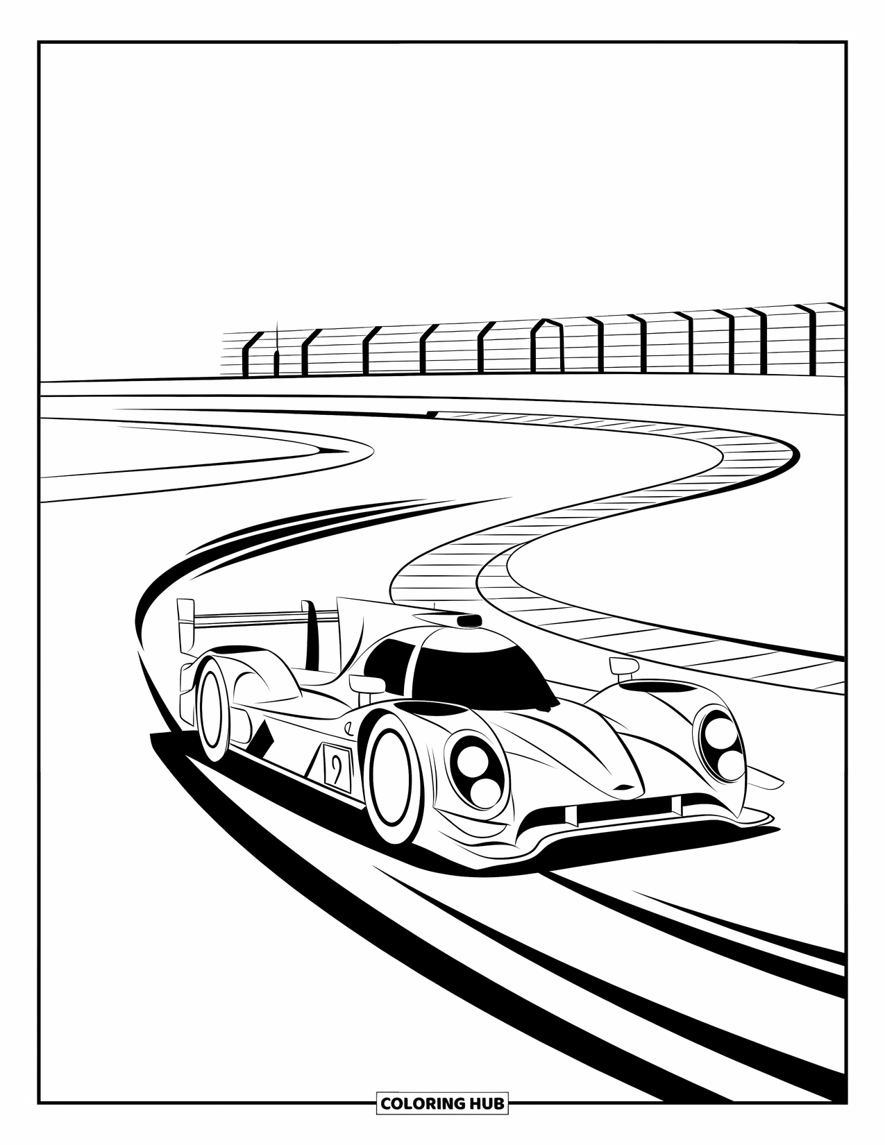 Raceauto Kleurplaat voor Kinderen: Een raceauto scheurt rond een hoek van een racebaan met bandensporen erachter