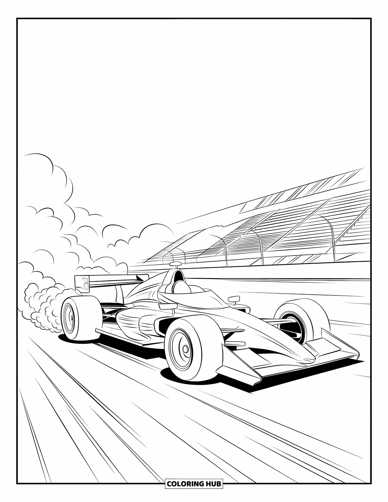 Raceauto Kleurplaat voor Kinderen: Een raceauto scheurt van de startlijn met rook, tribunes en een banner erachter