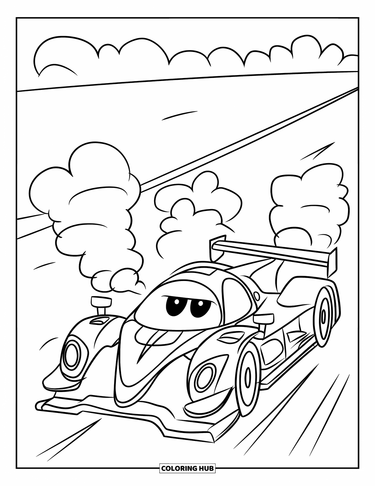 Raceauto Kleurplaat voor Kinderen: Een raceauto scheurt over een gestippelde weg met kleine rookwolkjes