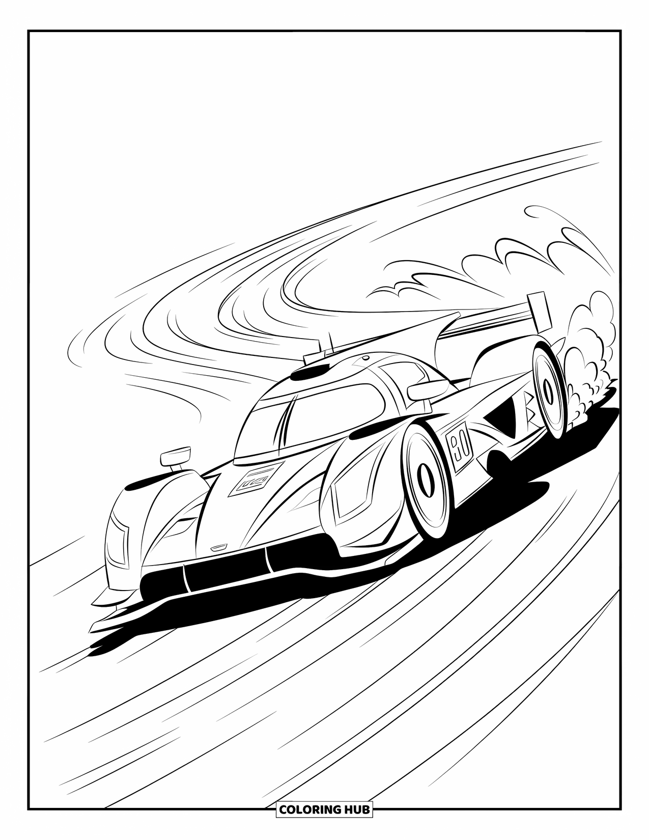 Raceauto Kleurplaat voor Kinderen: Een raceauto scheurt door wervelende bochten met stofsporen erachter