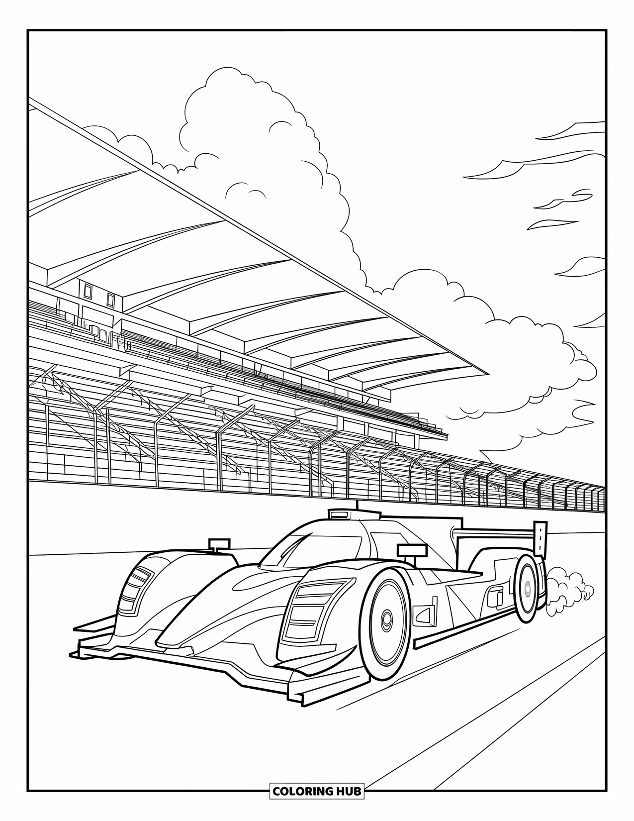 Raceauto Kleurplaat voor Kinderen: Een raceauto scheurt onder een tribune door en laat een rokerig spoor achter