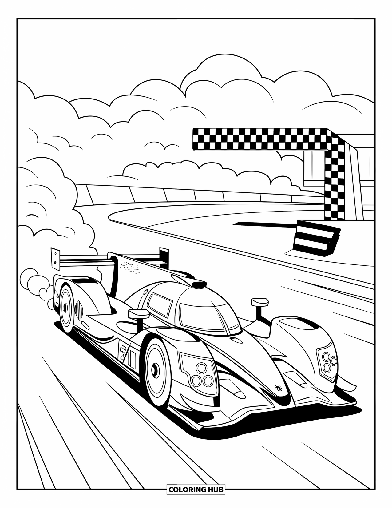 Raceauto Kleurplaat voor Kinderen: Een raceauto vertrekt vanaf de startlijn met rook en een geblokte vlag in de buurt