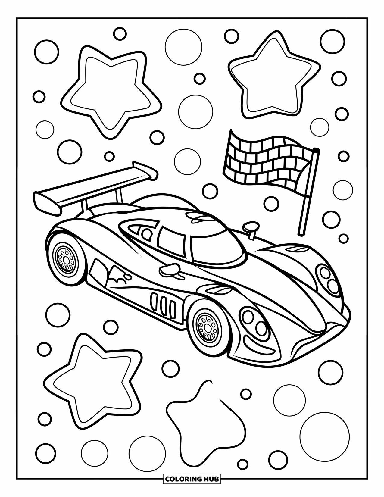 Raceauto Kleurplaat voor Kinderen: Een raceauto met een geblokte vlag is omgeven door grote sterren en stippen