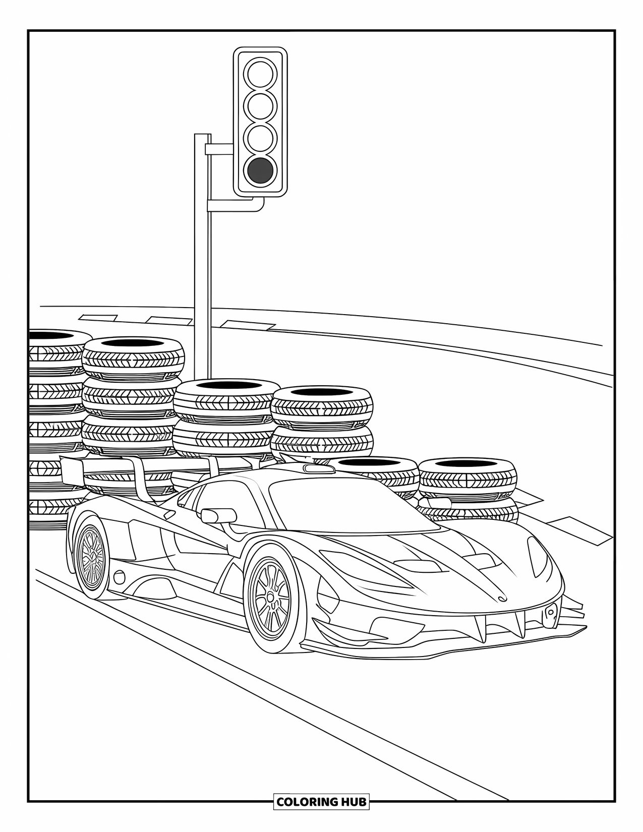 Kleurplaat raceauto voor kinderen: Een raceauto met opvallende strepen staat geparkeerd in de buurt van banden en een signaallicht