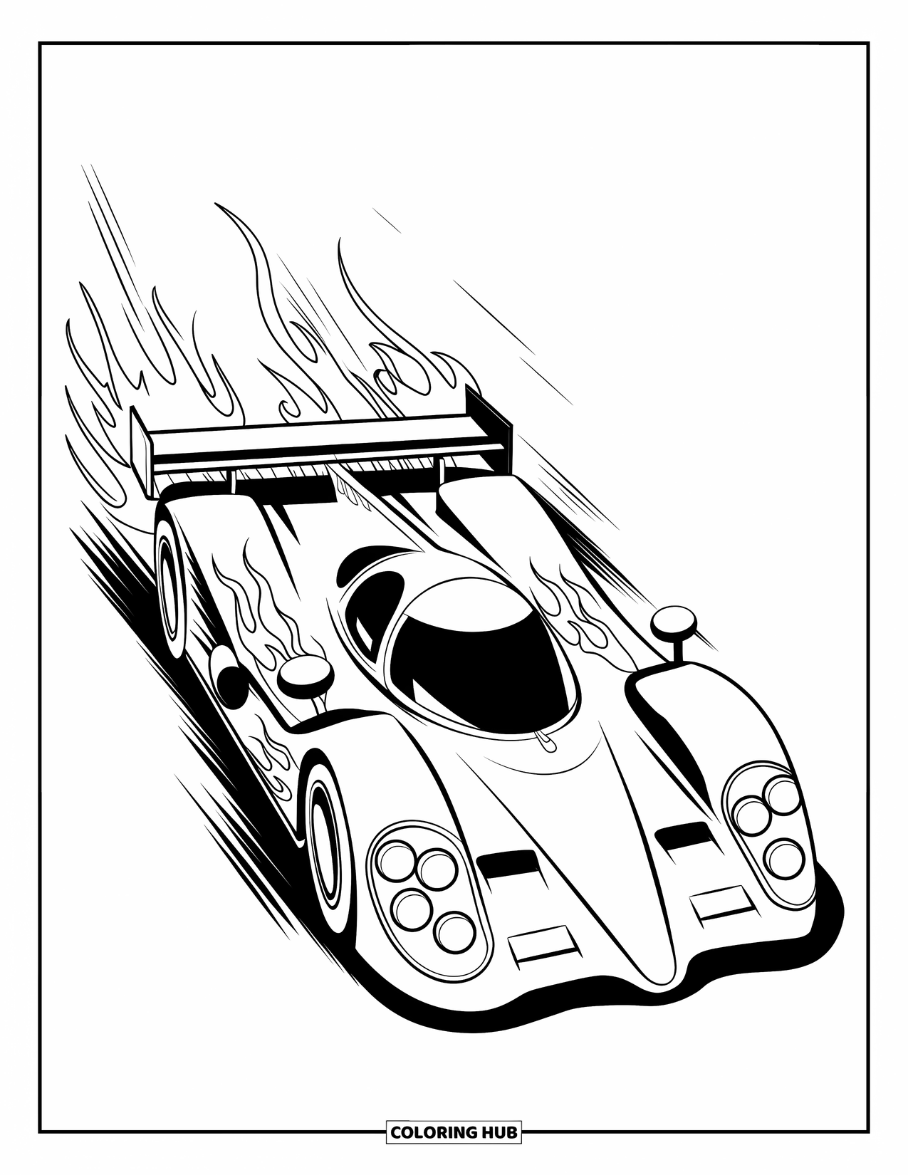 Raceauto Kleurplaat voor Kinderen: Een raceauto met vlammotieven beweegt voorwaarts en laat uitlaatwolken achter