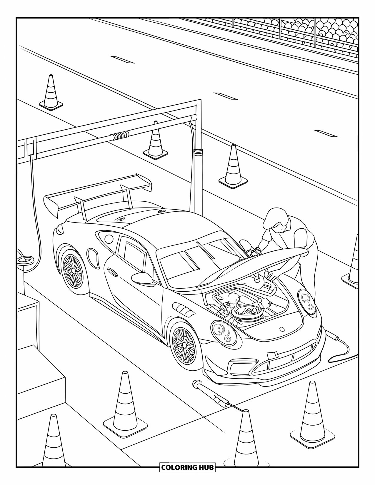 Kleurplaat raceauto voor kinderen: Een raceauto met open motorkap wordt onderhouden door een monteur in de buurt van kegels en toeschouwers