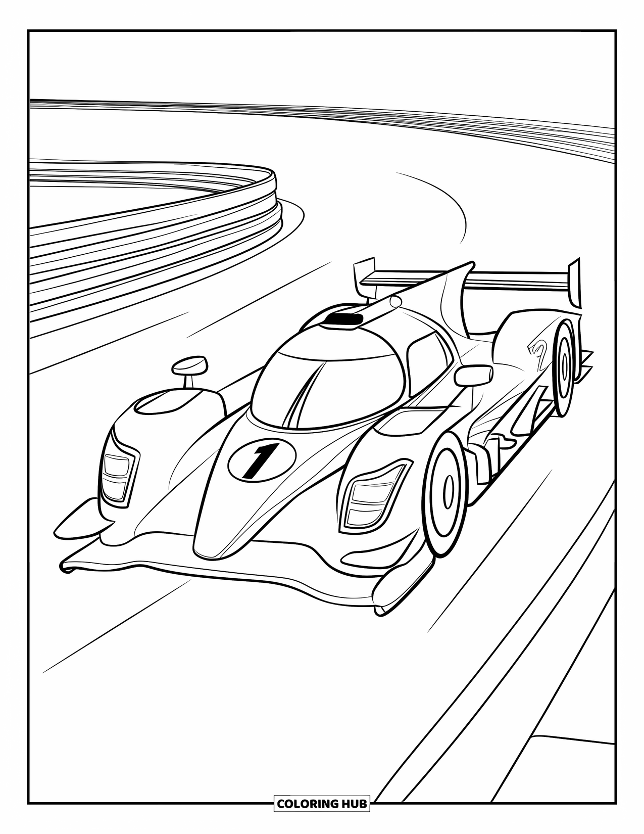Raceauto Kleurplaat voor Kinderen: Een raceauto met nummer 1 racet over een bochtig circuit met gedurfde bewegingslijnen