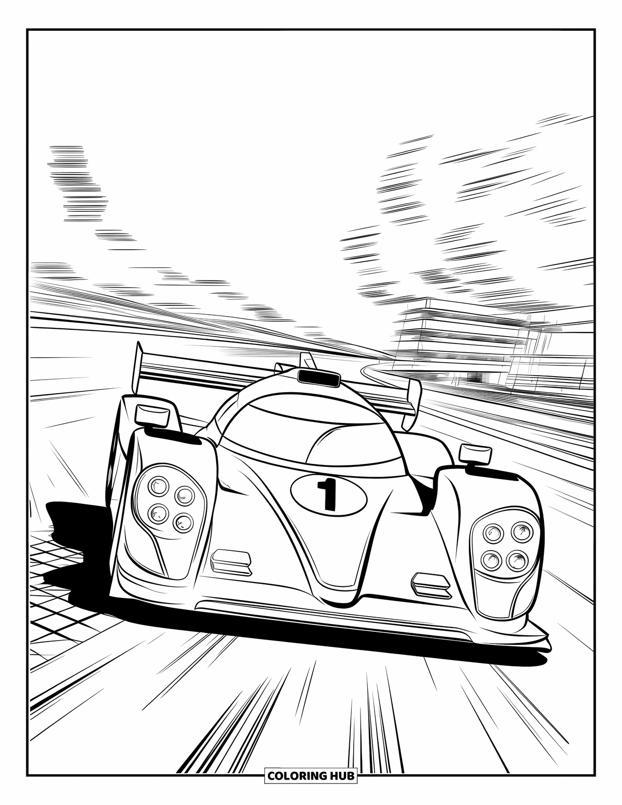 Raceauto Kleurplaat voor Kinderen: Een raceauto met nummer 1 scheurt over een geblokt circuit met bomen en gebouwen erachter