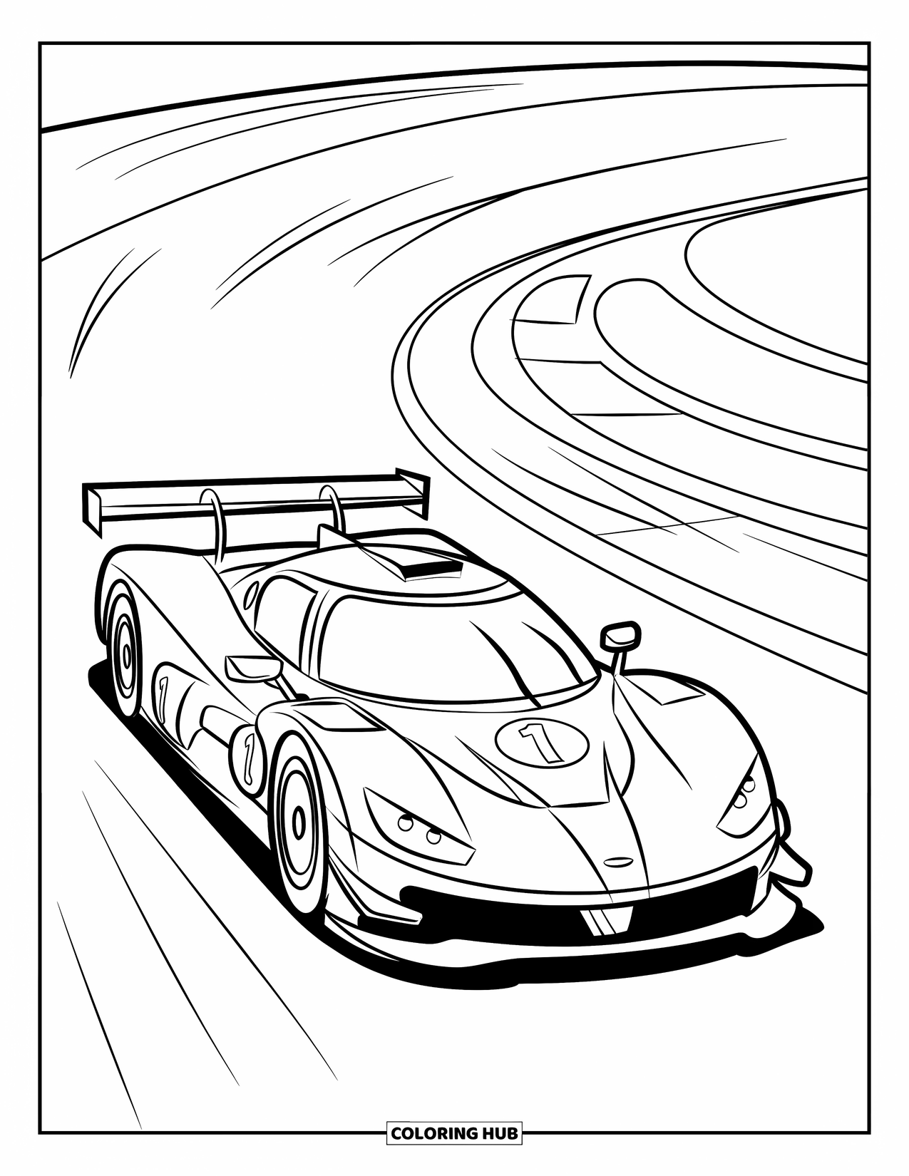 Kleurplaat raceauto voor kinderen: Een raceauto met nummer 1 zoomt over gebogen en rechte lijnen op het circuit