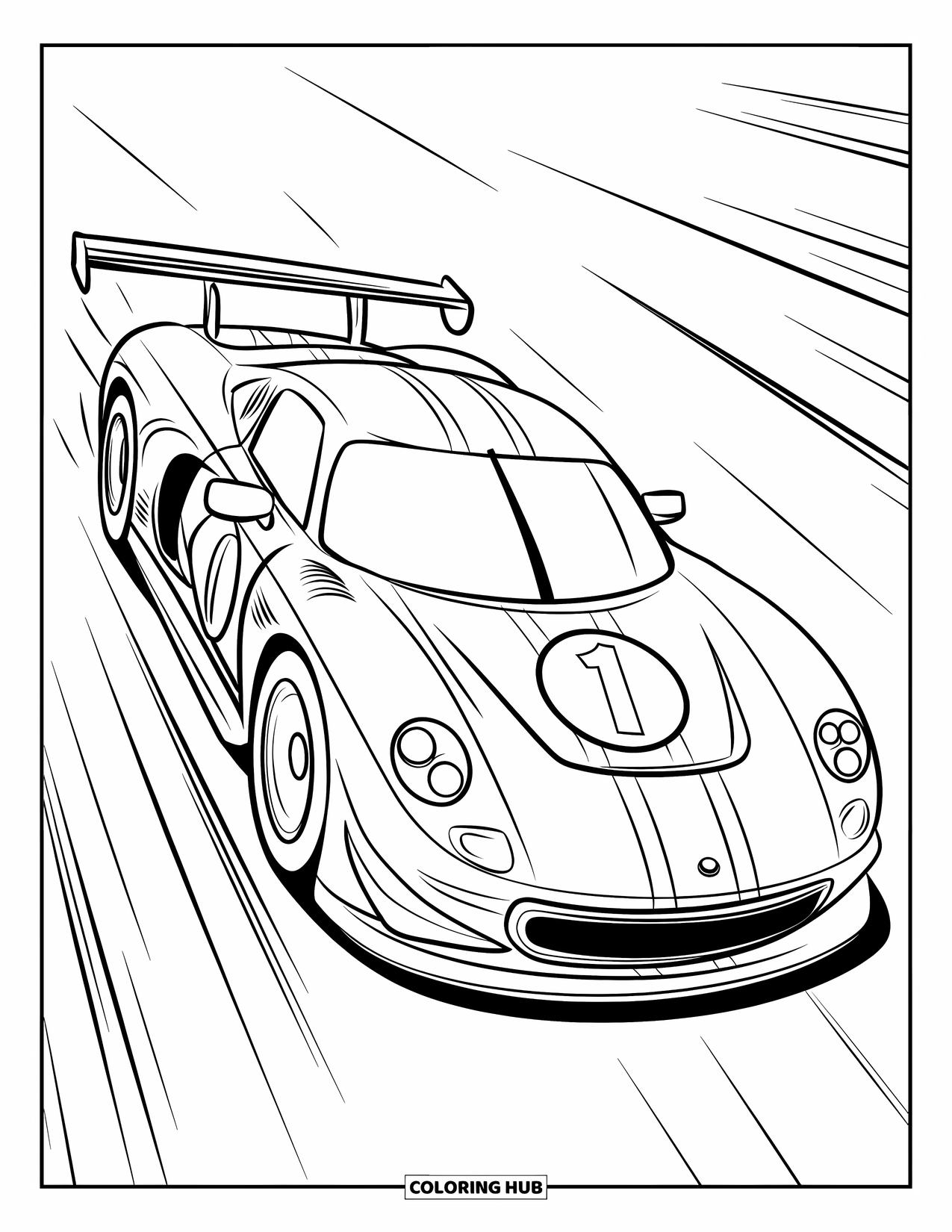 Kleurplaat raceauto voor kinderen: Een raceauto met nummer 1 zoomt vooruit met bewegingslijnen erachter