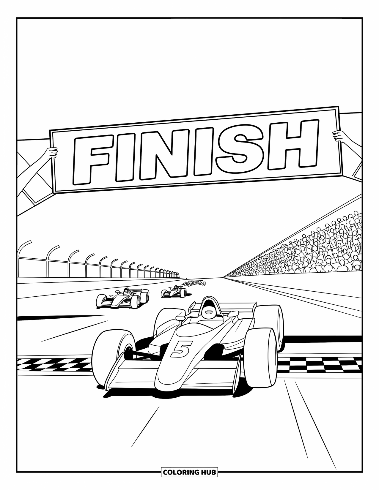 Raceauto Kleurplaat voor Kinderen: Een raceauto met nummer 5 scheurt onder de finishlijn door met een juichende menigte