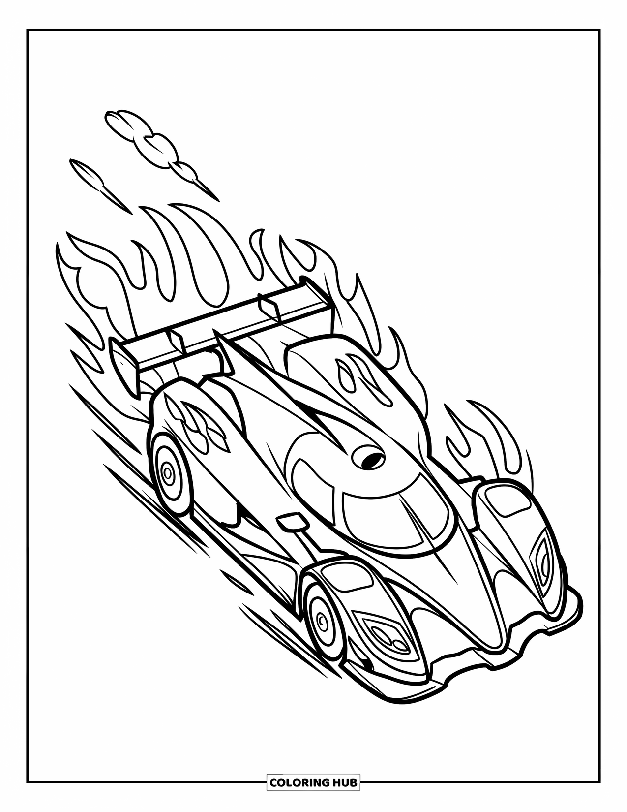 Raceauto Kleurplaat voor Kinderen: Een raceauto met scherpe vlammotieven en eenvoudige uitlaatlijnen laat sporen achter