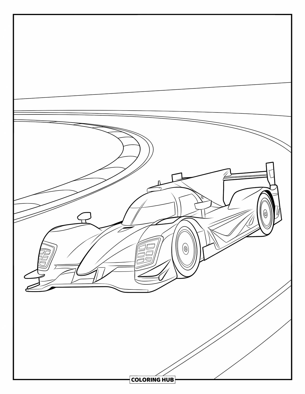Raceauto Kleurplaat voor Kinderen: Een raceauto met snelheidslijnen en zichtbare profielen racet over een bochtig circuit