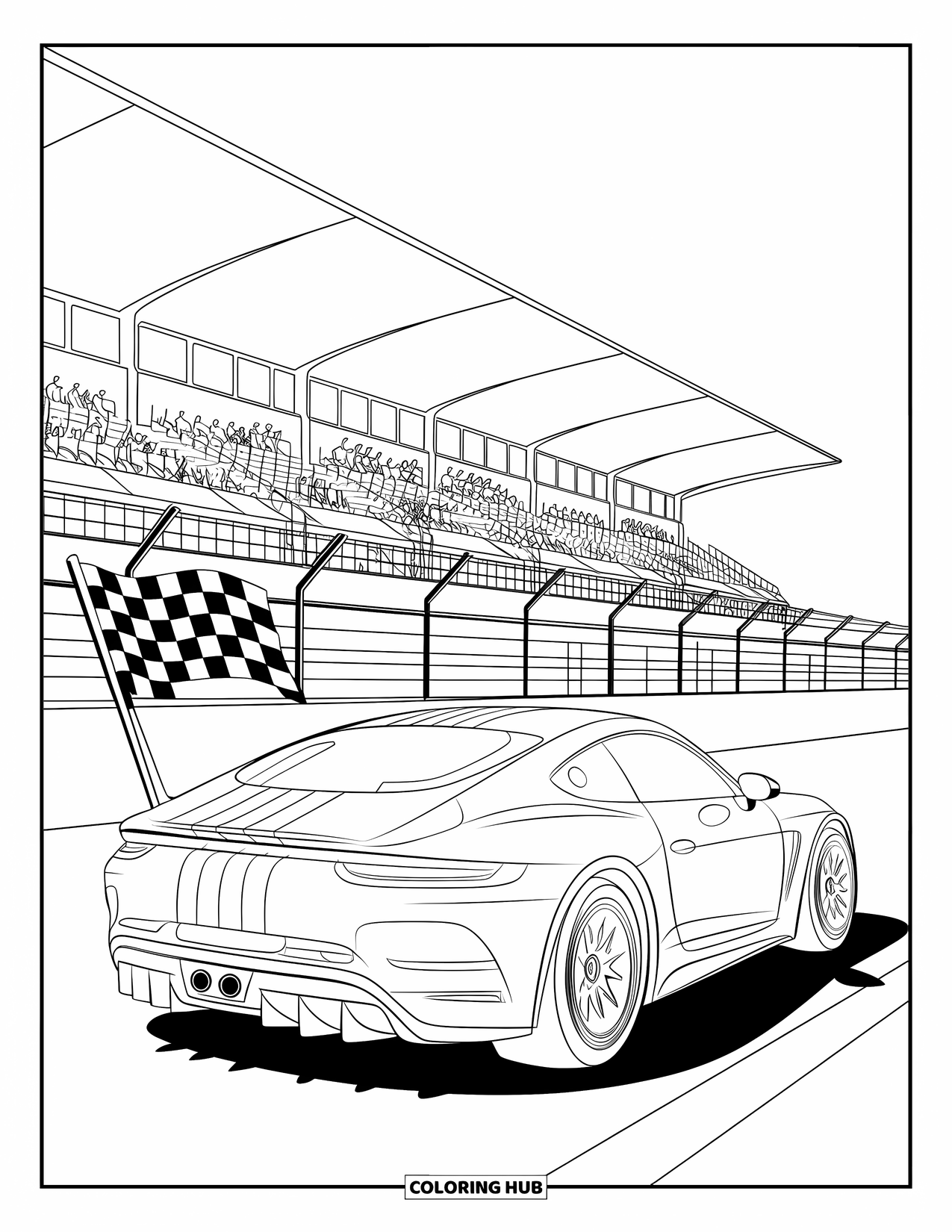 Kleurplaat raceauto voor kinderen: Een raceauto met strepen staat geparkeerd bij een geblokte vlag en een tribune