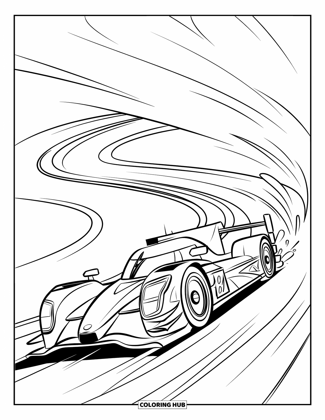 Raceauto Kleurplaat voor Kinderen: Een raceauto zoeft door scherpe bochten op het circuit en laat wervelend stof achter