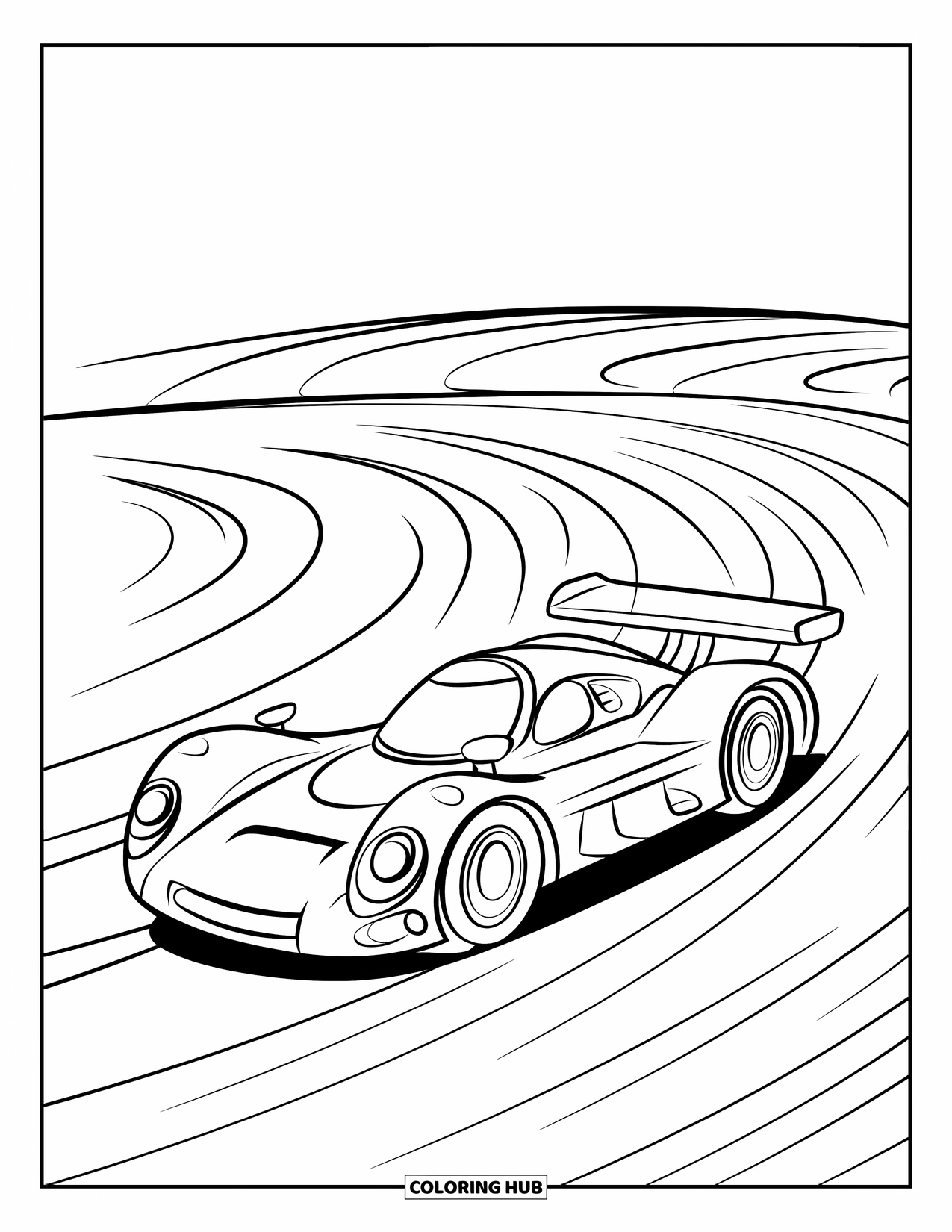 Raceauto Kleurplaat voor Kinderen: Een afgeronde raceauto met grote wielen springt over een gebogen helling met wervelingen erachter