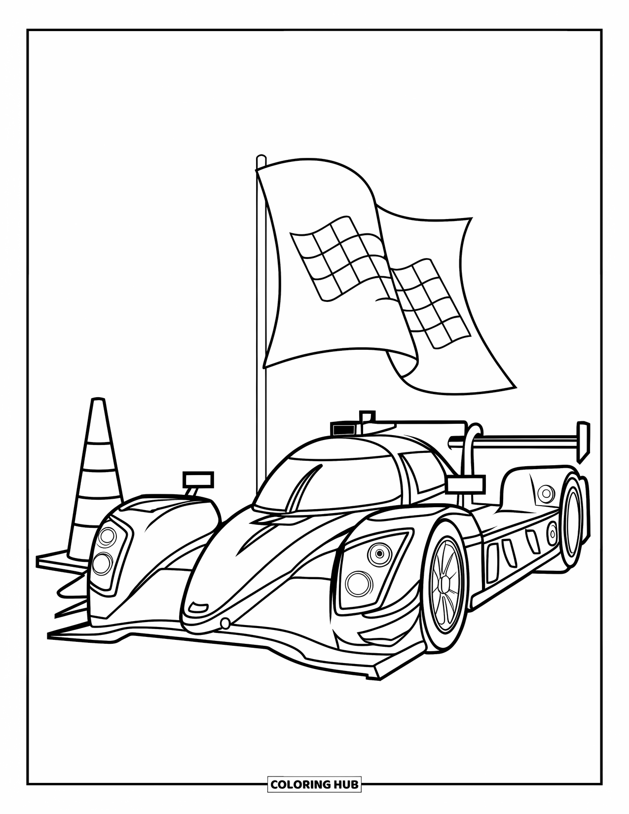 Raceauto Kleurplaat voor Kinderen: Een eenvoudige raceauto staat geparkeerd in de buurt van een verkeerskegel en een finishvlag