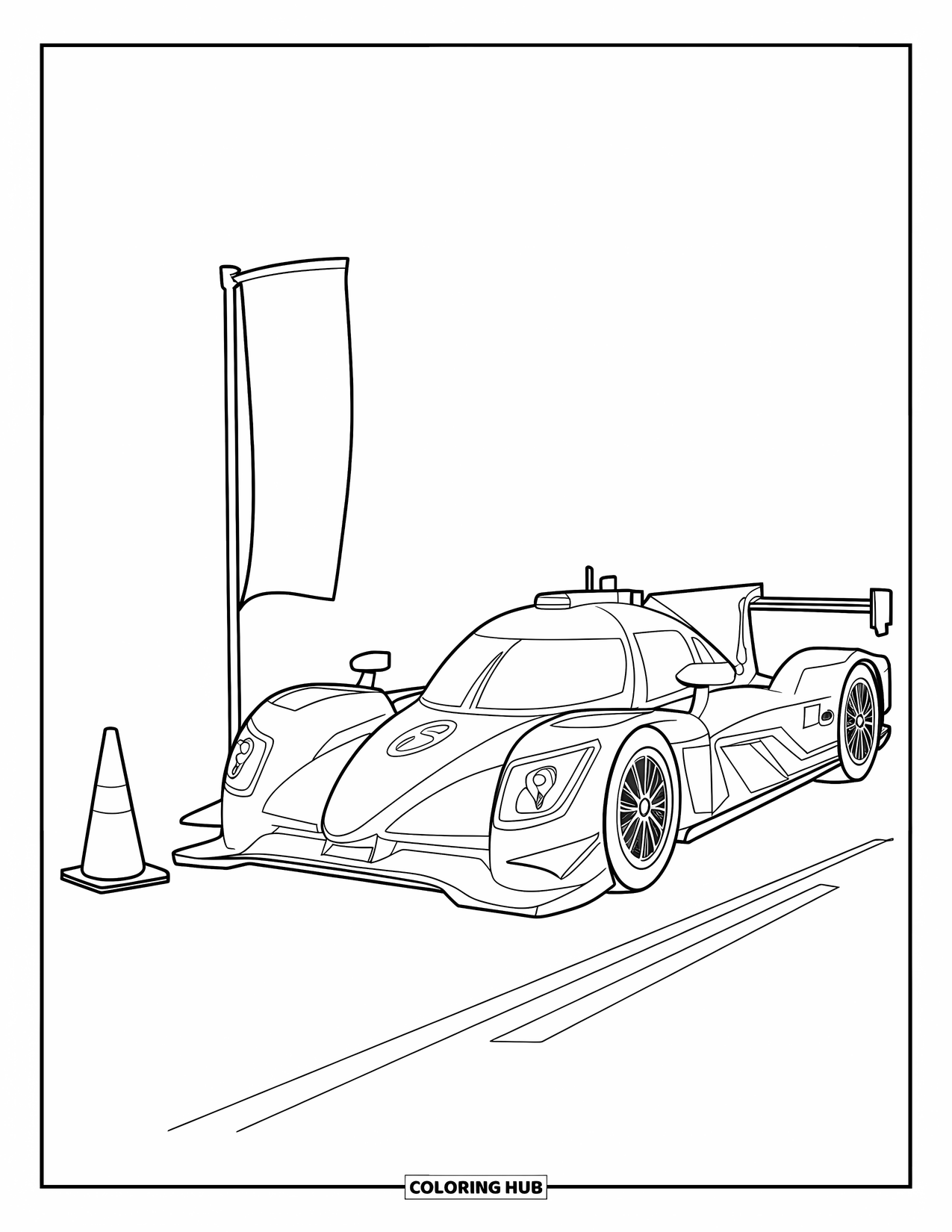 Raceauto Kleurplaat voor Kinderen: Een eenvoudige raceauto staat naast een verkeerskegel en een finishvlag