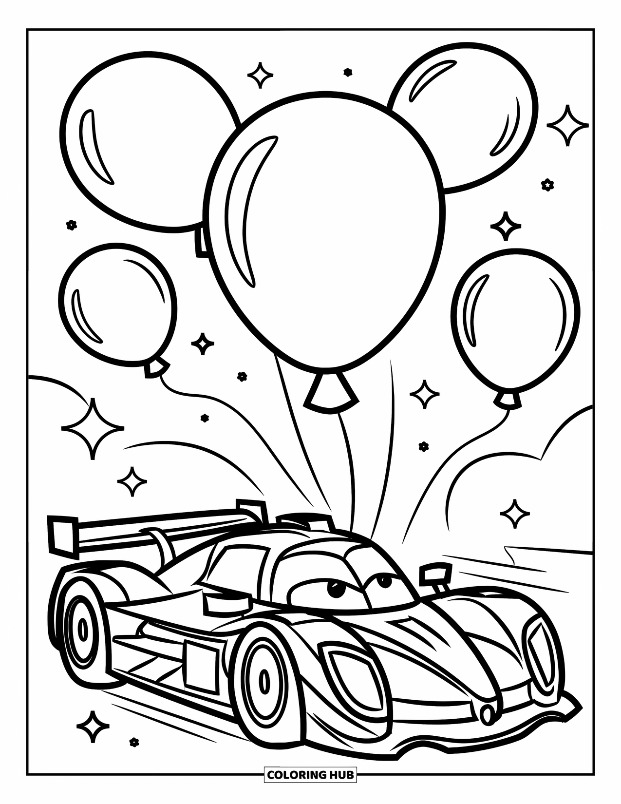 Raceauto Kleurplaat voor Kinderen: Een eenvoudige raceauto met ballonnen van verschillende vormen zweeft vrolijk erboven