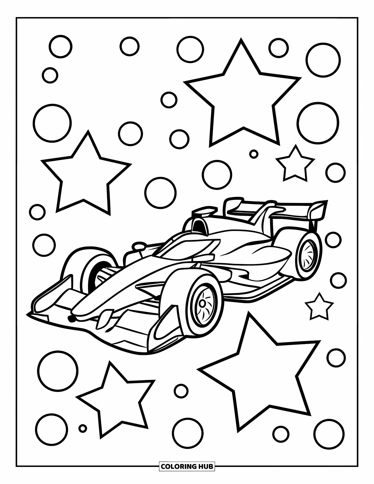 Raceauto Kleurplaat voor Kinderen: Een eenvoudige raceauto met gedurfde contouren zit tussen grote sterren en stippen