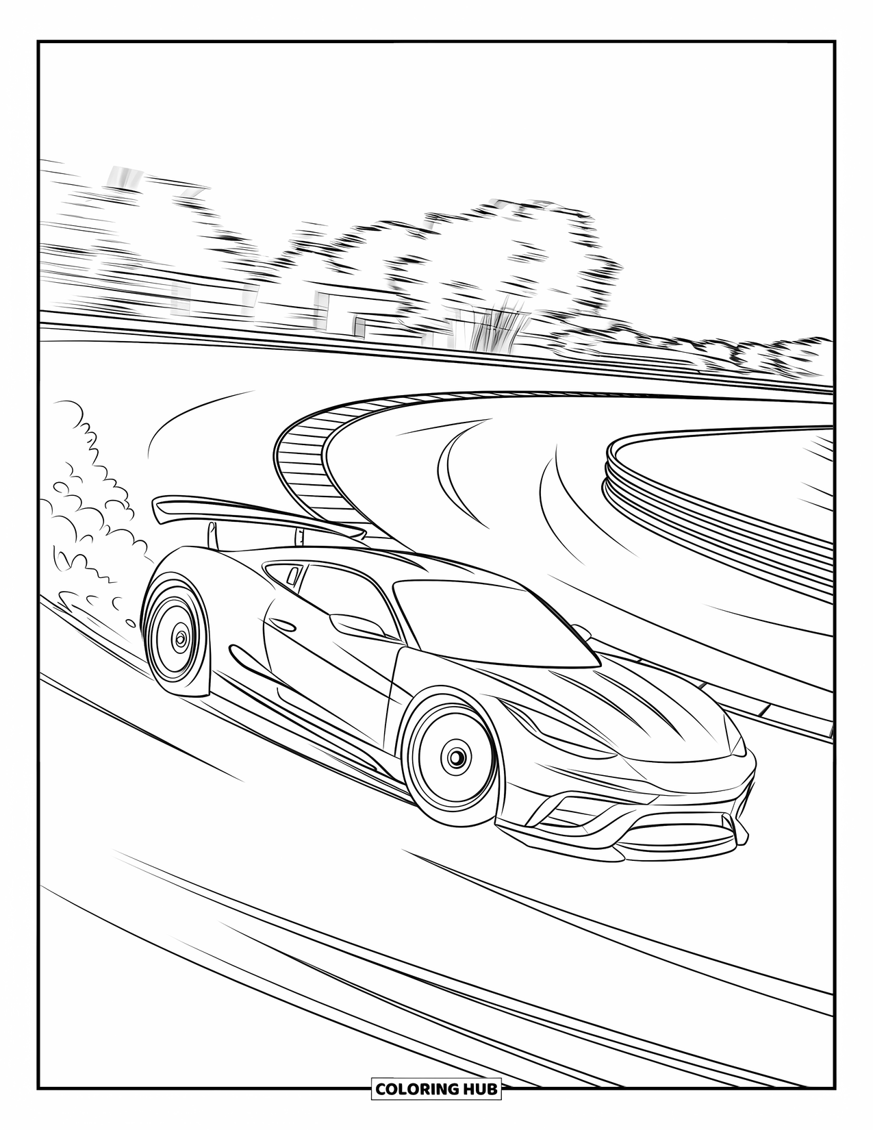 Raceauto Kleurplaat voor Kinderen: Een gestroomlijnde raceauto drift om een bocht met rook op een circuit in de buurt van bomen en gebouwen