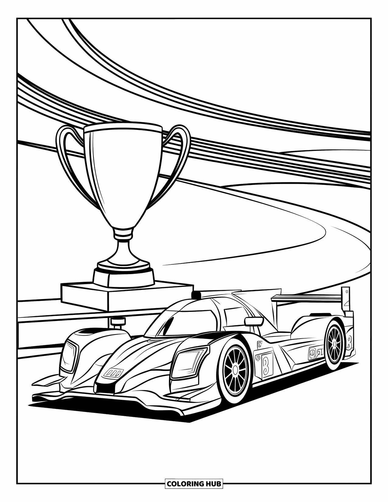 Raceauto Kleurplaat voor Kinderen: Een gestroomlijnde raceauto staat geparkeerd bij een winnaarspodium en een glimmende trofee