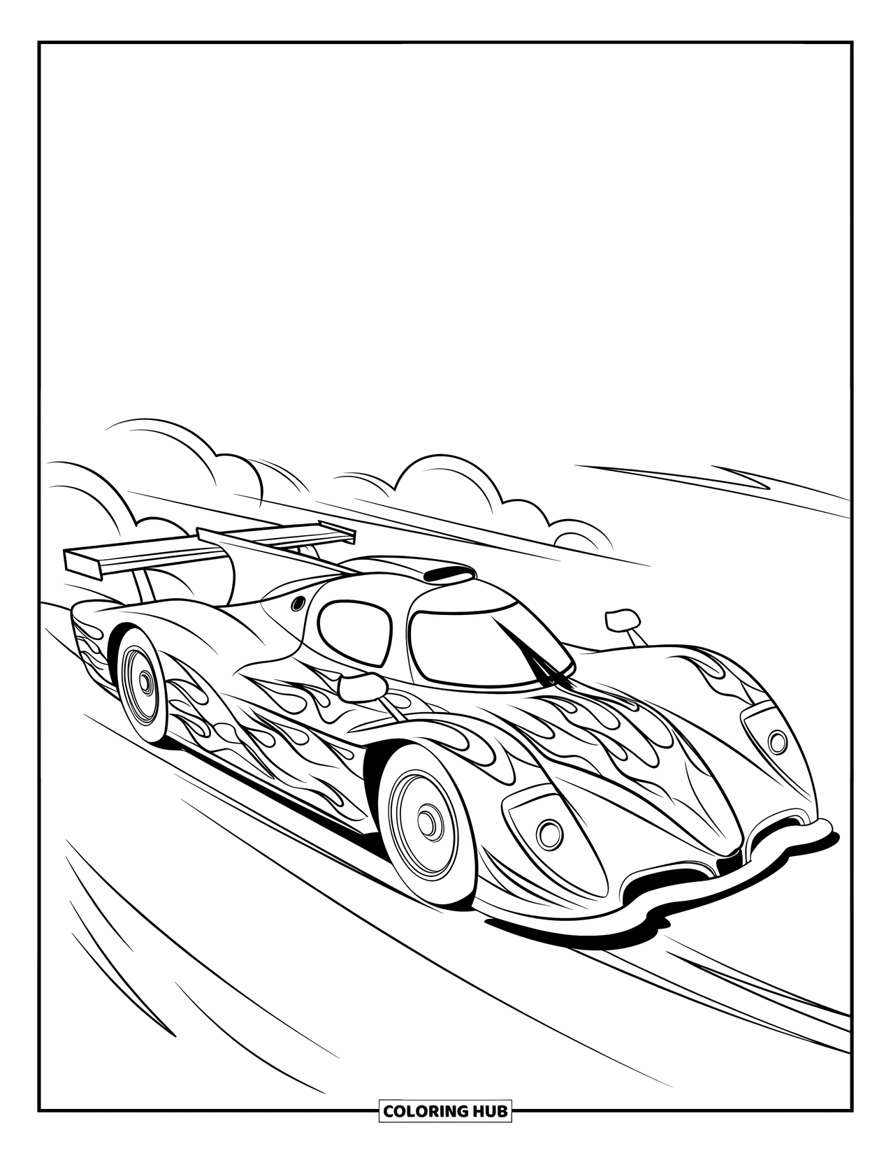Raceauto Kleurplaat voor Kinderen: Een gestroomlijnde raceauto met gedurfde rondingen en uitlaatwolken die achterblijven, scheurt vooruit