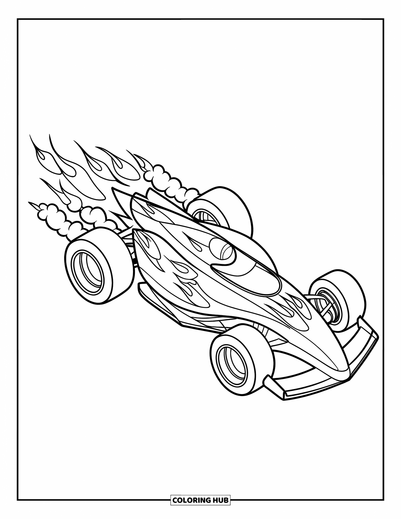 Raceauto Kleurplaat voor Kinderen: Een gestroomlijnde raceauto met vlammen langs de zijkanten en wervelende uitlaatwolken erachter