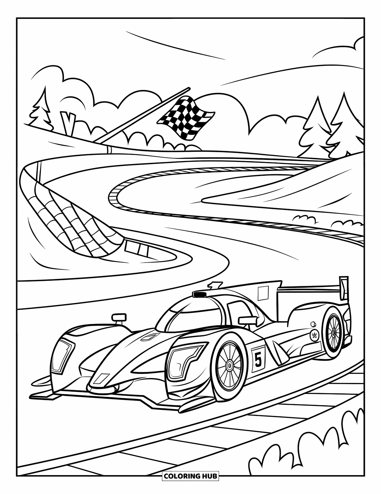 Raceauto Kleurplaat voor Kinderen: Een gestroomlijnde raceauto met nummer 5 racet op een bochtige baan in de buurt van bomen en gebouwen