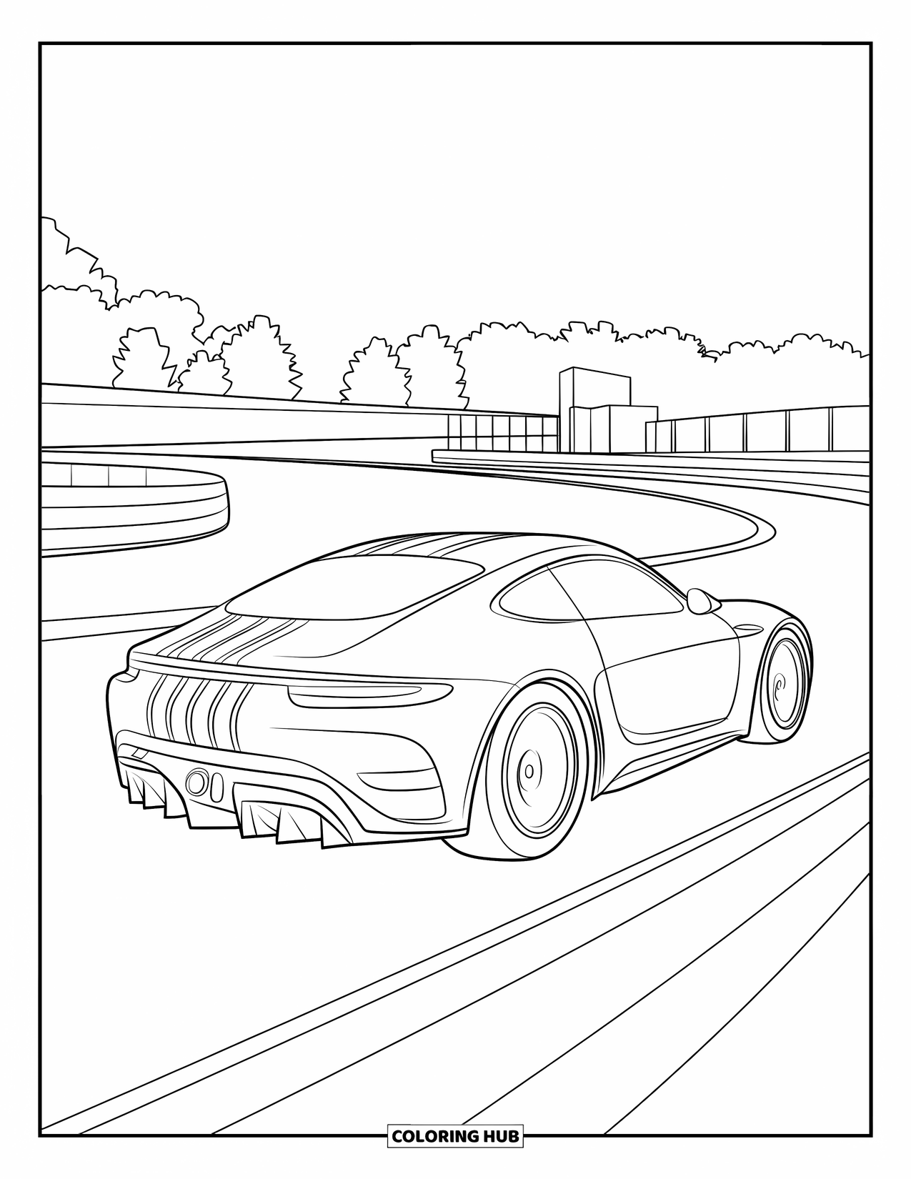Raceauto Kleurplaat voor Kinderen: Een gestroomlijnde raceauto met strepen scheurt op een bochtig circuit met bomen en een gebouw in de buurt