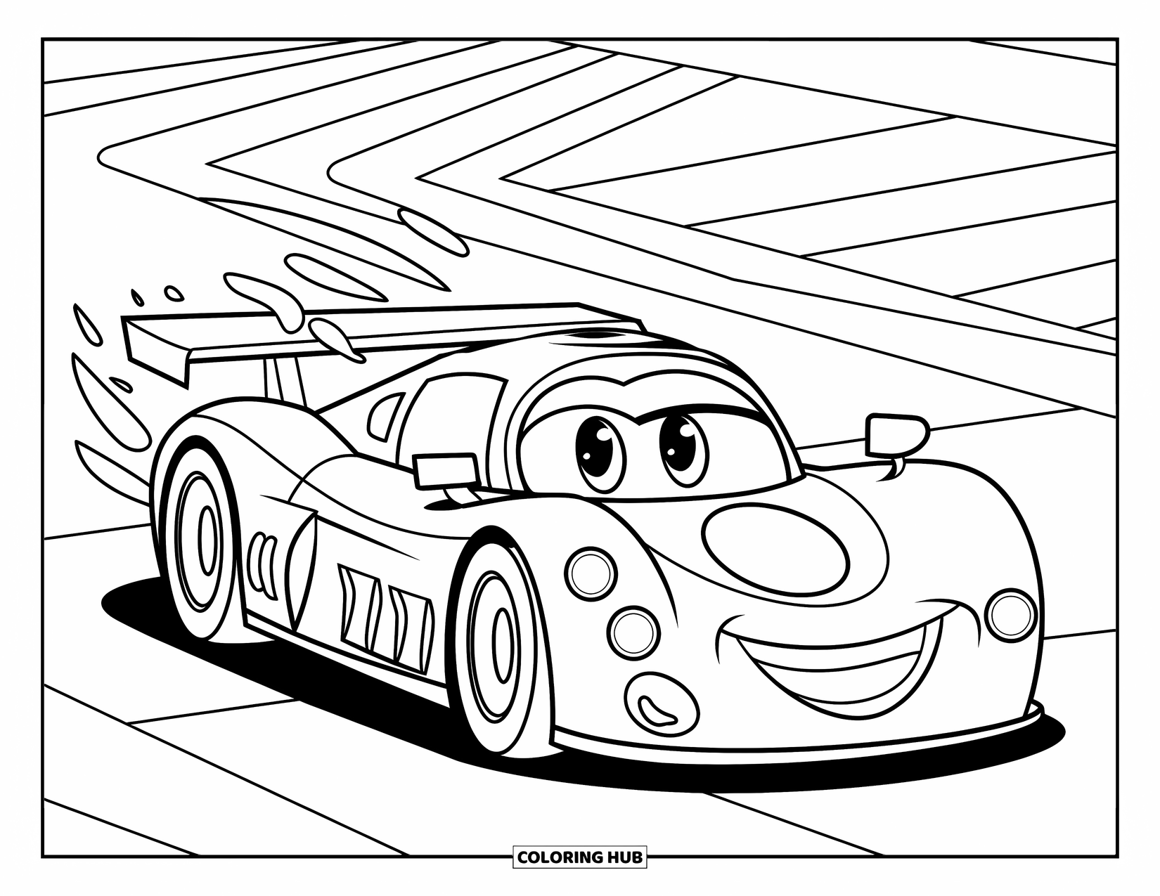 Raceauto Kleurplaat voor Kinderen: Een lachende raceauto rijdt vooruit met bochtige uitlaatlijnen en parallelle achtergrondlijnen