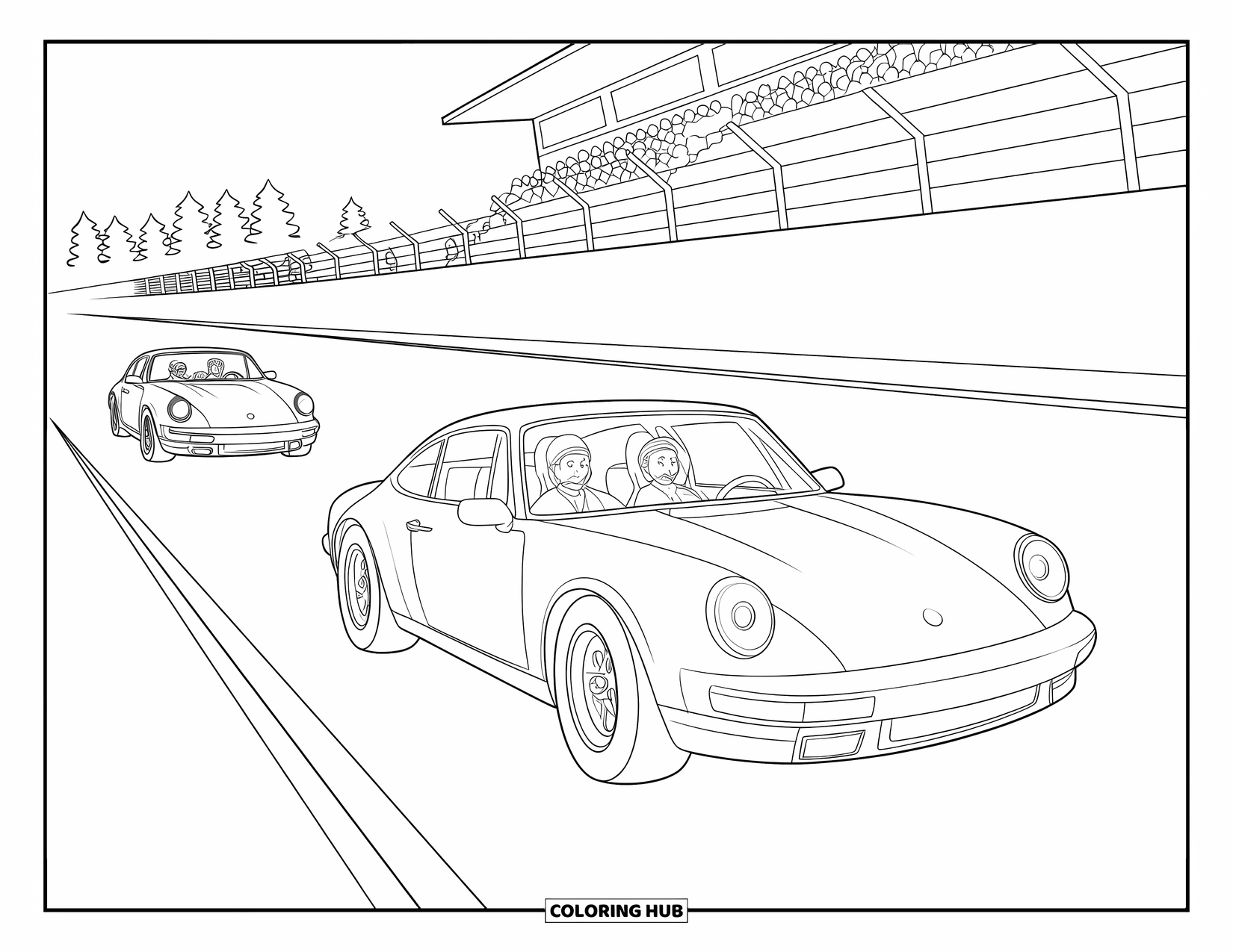 Raceauto Kleurplaat voor Kinderen: Een sportwagen met twee passagiers wordt achtervolgd door een andere auto in de buurt van bomen en een tribune