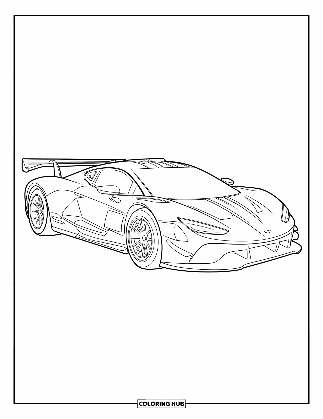 Raceauto Kleurplaat voor Kinderen: Een gestreepte raceauto zit gecentreerd met duidelijke contouren en geen achtergrondrommel