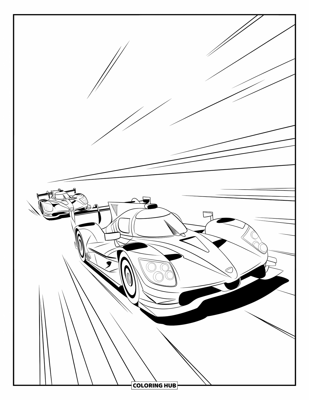 Raceauto Kleurplaat voor Kinderen: Twee auto's racen zij aan zij op een recht circuit met gedurfde, strakke ontwerpen