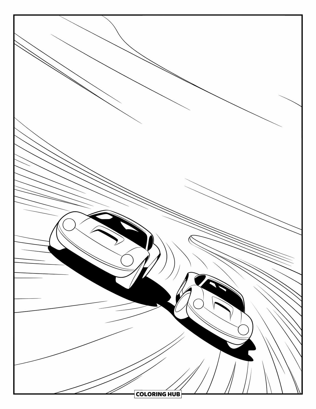 Raceauto Kleurplaat voor Kinderen: Twee auto's racen door scherpe bochten, de ene iets voor onder een heldere hemel